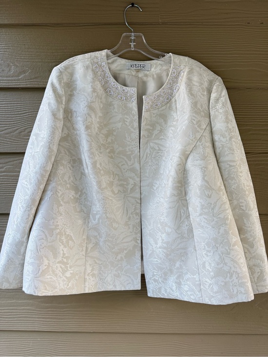 Kasper Jackets & Blazers - Kasper White Jacquard Brocade Beaded Open Front Dressy Blazer Jacket 18W